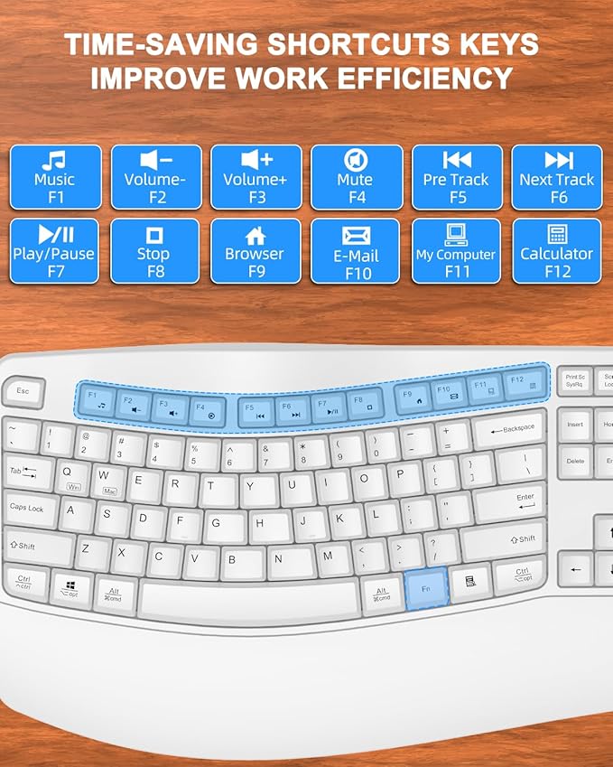 Ergonomic Wireless Keyboard with Wrist Rest, Wave Keys, Comfortable Natural Typing, 2.4GHz Full Size Ergo Wireless Computer Keyboard for Multi-OS, Windows, Mac OS Laptop/PC/Notebook (White)