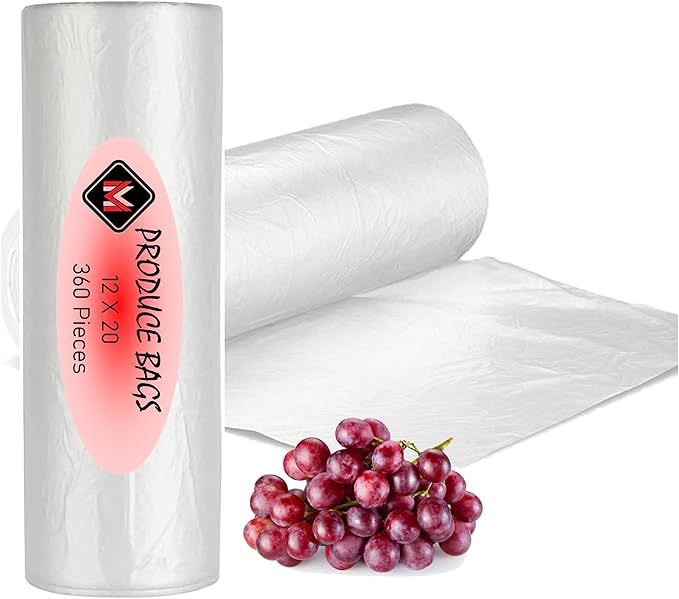 Mr Miracle Plastic Produce Bags for Food Storage - 12"x20" Clear Grocery Bag for Fruits, Vegetables, Bread - Easy Peel-Off Design, Continuous Roll, 1.75" Core, Pack of 360 Bags [1 roll]
