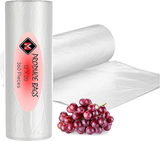 Mr Miracle Plastic Produce Bags for Food Storage - 12"x20" Clear Grocery Bag for Fruits, Vegetables, Bread - Easy Peel-Off Design, Continuous Roll, 1.75" Core, Pack of 360 Bags [1 roll]