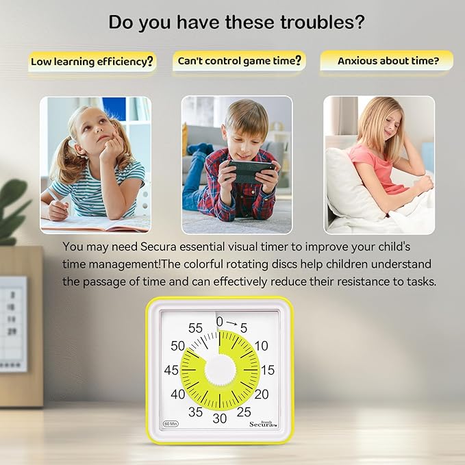 Secura 60 Minute Essential Visual Timer for Kids, Countdown Clock Timer for Special Education, Classroom, School, Desk, Home, Office, Silent Non-Ticking Time Management Tool (Yellow & Yellow)
