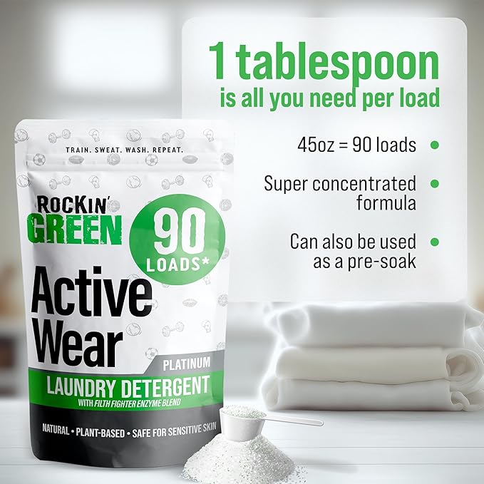 Rockin' Green Laundry Detergent, Plant based, All Natural Laundry Detergent Powder, Vegan and Biodegradable Odor Fighter, Safe for Sensitive Skin (Active Wear 90 Loads - Unscented)