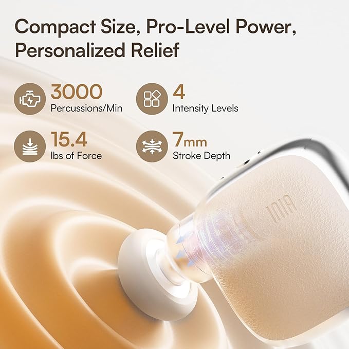 INIA PocketForce Mini Massage Gun - Ultra-Portable Massager Gun for Muscle Pain Relief, Deep Tissue Percussion Massager with 3 Attachments, Quiet & Lightweight, Travel & Office Gifts for Men Women