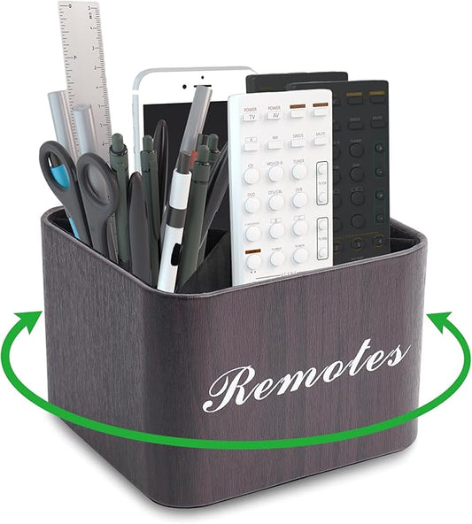 Hennaja Square Leather Art Supply Organizer,Remote Control Holder with Removable Dividers,360°Rotatable Pencil Holders,4 Compartments Organizer for Office Supplies Storage Box(1-Dark Brown)