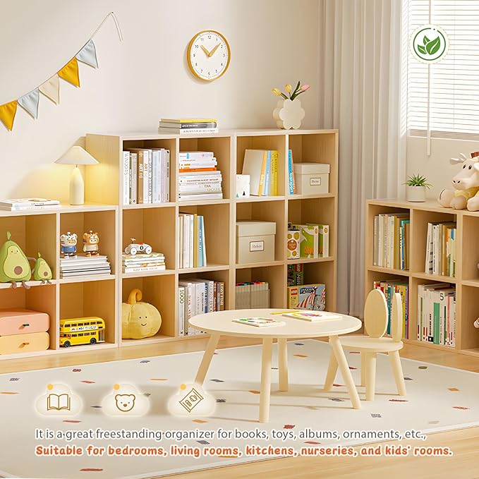 10 Cube Storage Organizer, Cubby Storage Organizer, Cube Shelf with Back Plate, Wooden Kids Bookcase for Toy, Solid Wood Cube Storage for Living Room/Bedroom/Hallway/School, Easy to Install