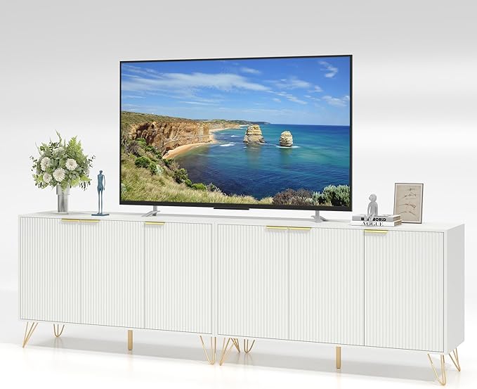 TV Stand for 90 inch TV Modern Entertainment Center Cabinet with 6 Doors Wood Media Console Storage Cabinets for Living Room Bedroom, White