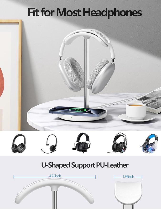 Miroddi Headphone Stand with Wireless Charger, Independent USB Charging Port, 5 in 1 Charging Station Headset Holder Rack for AirPods Max/Pro/4/3/2, iWatch, iPhone, Samsung and Desk Headphones, White
