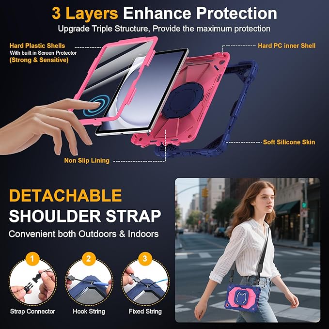 Case for Samsung Galaxy Tab A9 Plus 11 Inch 2023(SM-X210/X216/X218), Auorld Rugged Case for Samsung Galaxy A9+ Tablet with Screen Protector 360 Rotating Stand Shoulder Strap Pen Holder, Navy Pink