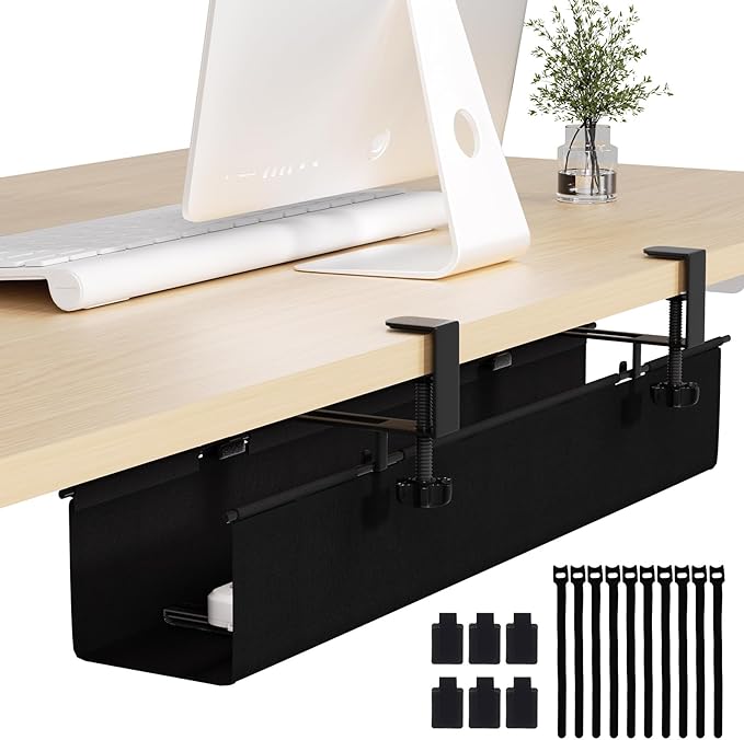 Under Desk Cable Management Tray 27.2" - No Drill Computer Wire Organizer Cable Tray, Fabric Cord Hider Clamp Mount, with 16X Cable Ties PC Cables Management Cord Holder for Office/Home (Black)
