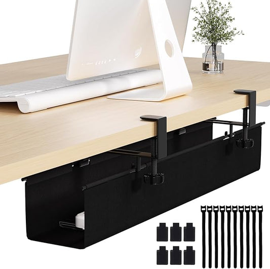 Under Desk Cable Management Tray 27.2" - No Drill Computer Wire Organizer Cable Tray, Fabric Cord Hider Clamp Mount, with 16X Cable Ties PC Cables Management Cord Holder for Office/Home (Black)