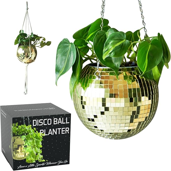 SCANDINORDICA Disco Ball Planter – Disco Ball Plant Hanger, Mirror Disco Planter with Chain, Macrame Hanger, Acrylic Stand and Insert Pot, Hanging Planter | Disco Ball Decor – 20 cm (8“) Gold