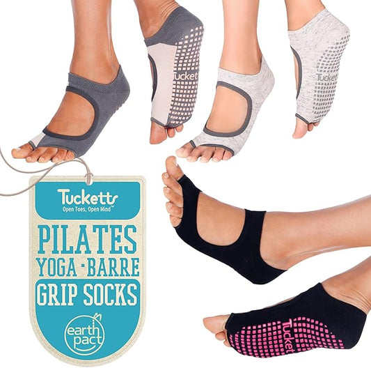 Tucketts Toeless Pilates Socks with Grips for Women, Non-Slip Yoga & Barre Socks for Stability & Barefoot Workouts, Size 6-13