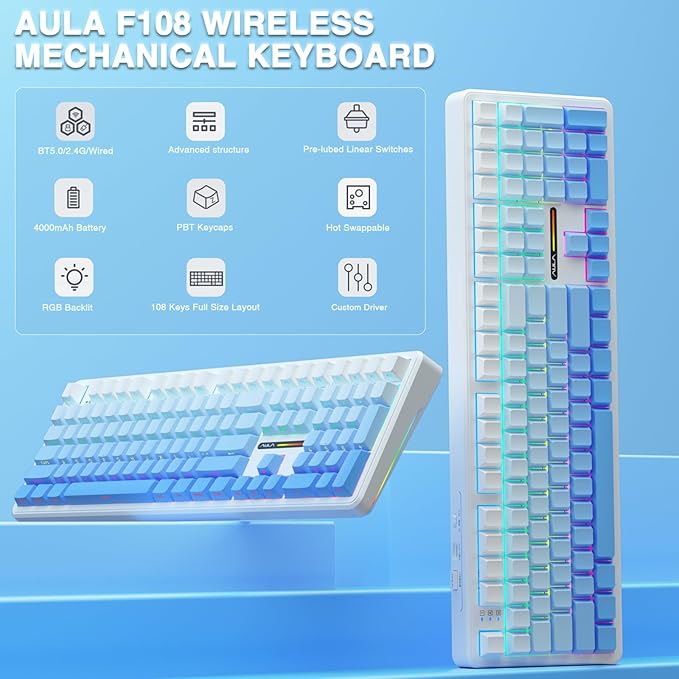 AULA F108 Wireless Mechanical Keyboard, BT5.0/USB-C/2.4GHz Hot Swappable Custom Gaming Keyboards, PBT Keycaps, Pre-lubed Switches, RGB Backlit Full Size Creamy Keyboard with Number Pad, 108 Keys