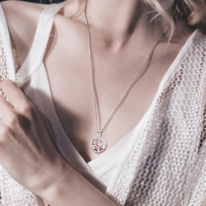 INFUSEU Sakura Tree Aromatherapy Necklace, Essential Oils Diffuser Locket Pendant with 7 PCS Lava Rock Stones and 24" Link Chain