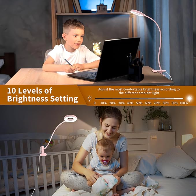 iZELL Desk Lamp, [3 Color Modes & 10 Brightness] LED Reading Light with Clamp, Flexible Gooseneck Book Light for Kids Reading Book in Bed at Night Clip on Table, Headboard, Dorm - 15.8‘’ Pink