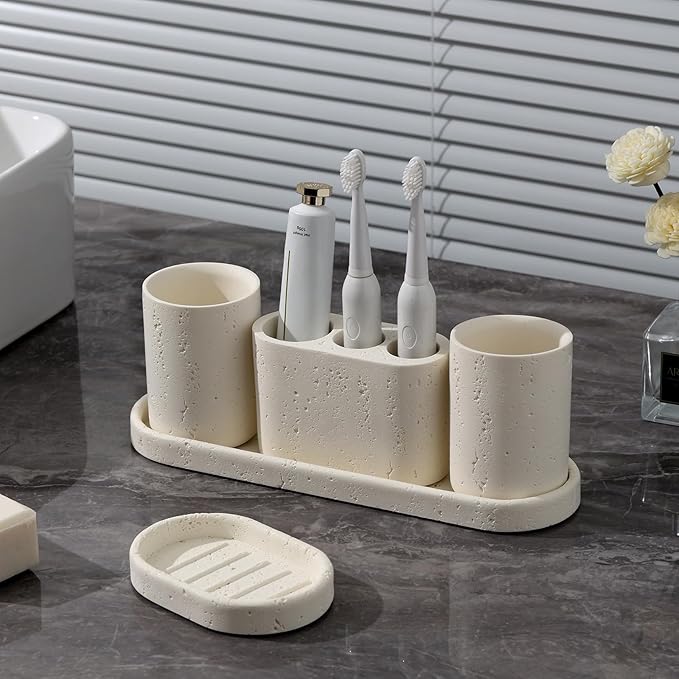 Bathroom Accessories Set, 4 pcs Toothbrush Holders Set Included 3 Slots Electric Toothbrush and Toothpaste Holder Stand, 2 Tumblers & Tray for Bathroom Countertop Sink Modern Decor (White)