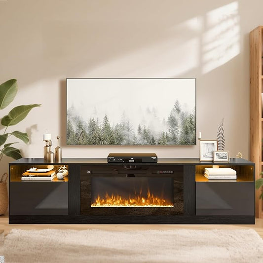 90” TV Stand with 50” WI-FI Electric Fireplace, Large Modern Media Entertainment Center with Storage Cabinet and 12 Colors LED Lights for TVs Up to 100",All Black
