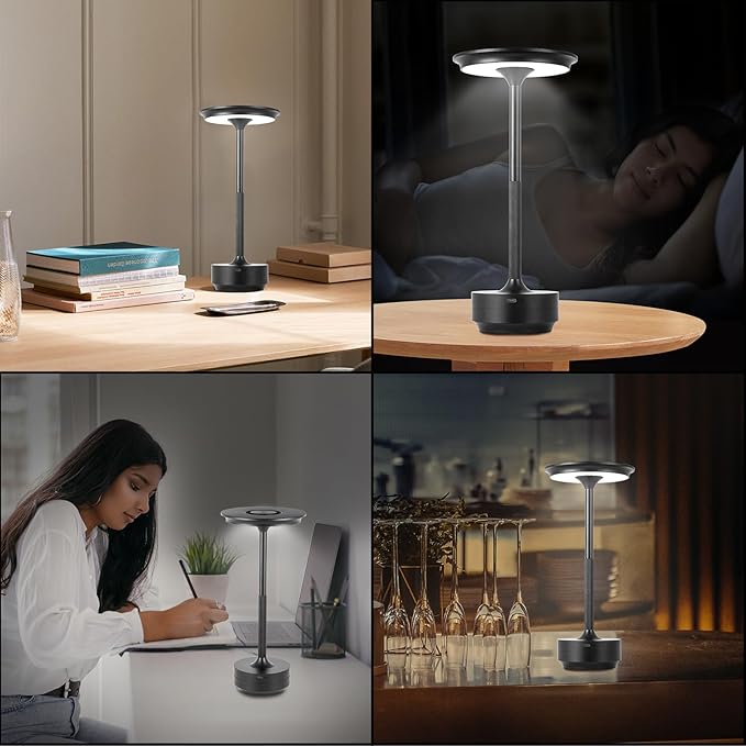 Rechargeable Cordless LED Table Lamps Touch Sensor Light, 3-Levels Portable Dimming Wireless Battery Operated Lamp，Nightstand Lamp/Night Light/Restaurant Table/Outdoor/Coffee/Bar (Black)