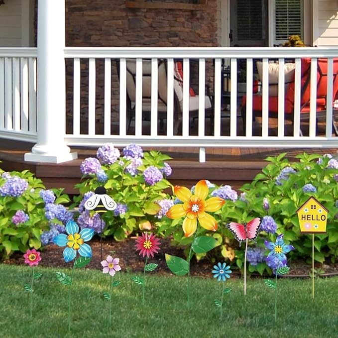 hogardeck Garden Decor for Outside, Set of 10 Metal Flowers Decorative Garden Stakes for Spring Decor, Gardening Gifts for Women Mom Grandma Wife, Yard Art Outdoor Lawn Porch Pathway Decorations