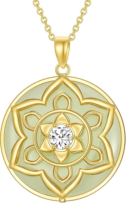 Jade Lotus Necklace for Women 14k Gold Plated Sterling Silver Good Fortune Jade Jewelry Birthday Christmas Gifts for Women Mom Wife