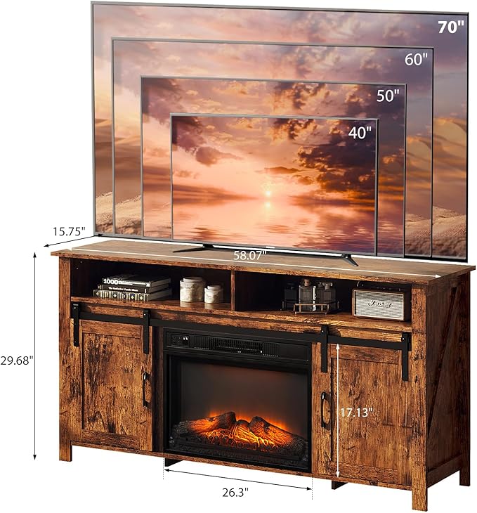 VINGLI Fireplace TV Stand with Sliding Barn Door for 70 Inch TV, Farmhouse Entertainment Center with 23" Fireplace, Media Console Table with Storage Cabinets for Living Room, Rustic Brown