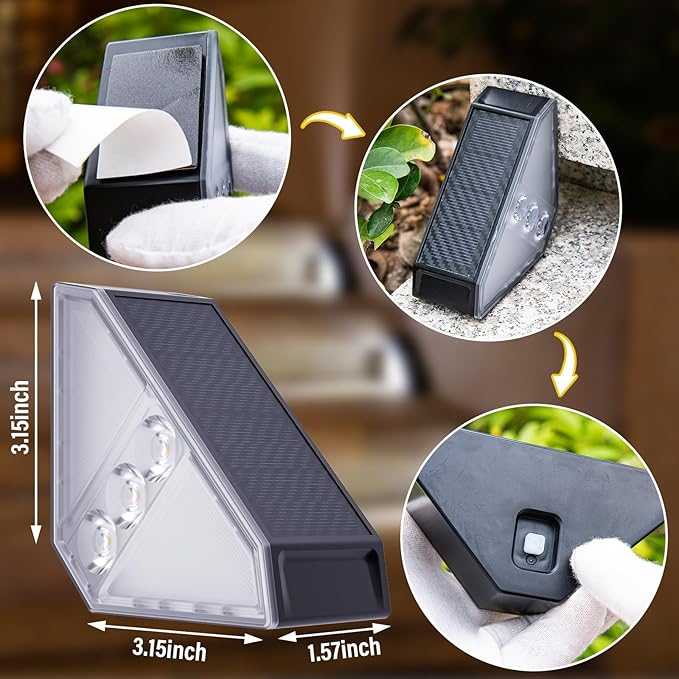ROSHWEY Solar Step Lights for Outside Waterproof, 6 Pack Outdoor Deck Steps Lights, Triangle Solar Stair Light for Outside, Front Porch, Dock, Backyard, Path, Walkway, Patio Decor, Cool White