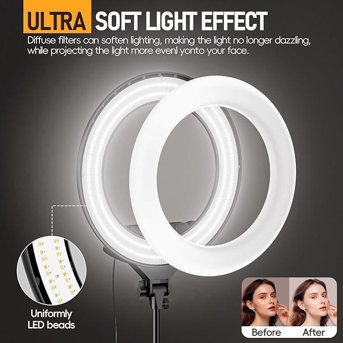 EMART 18-inch Ring Light with Stand, 2800-6500K LED Photography Lighting Kit with Phone Holder, Remote Selfie Light for Vlog Live Streaming Video Makeup Tattoo Barber Studio