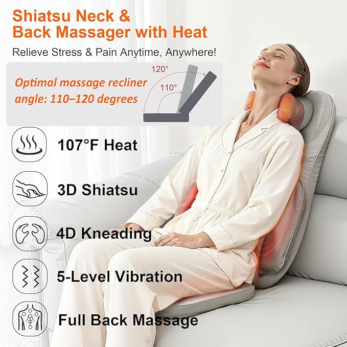 4D Shiatsu Neck Back Massage Cushion w/Heat for Pain Relief - Kneading Back Massager w/Vibration & Dual Necks Head for Relieves Muscle Stiffness from Long Sitting for Office Home Use, Brown