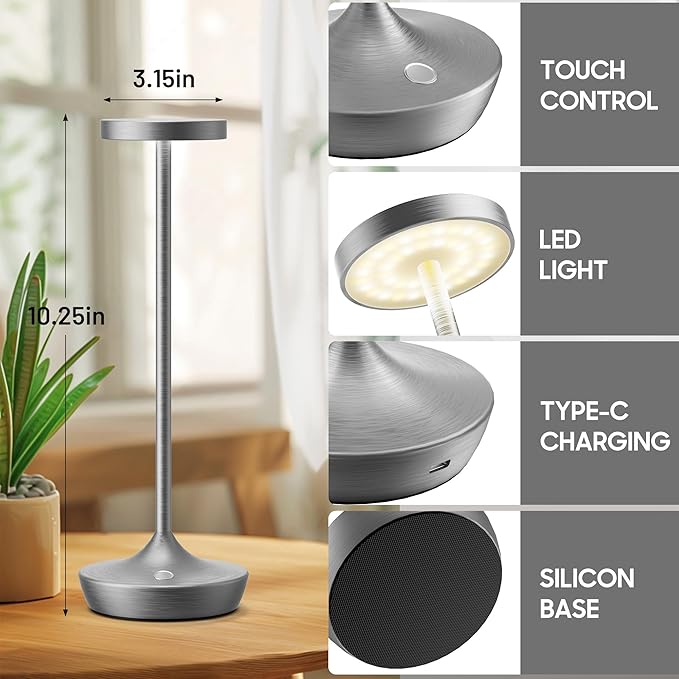 2 Pack Cordless Table Lamps, Battery Operated LED Desk Lamp, 3-Color Stepless Dimming, Portable & Waterproof, for Restaurants, Bedrooms, Bars, Outdoor Parties, Camping, and Cafes (2Pack Gray)