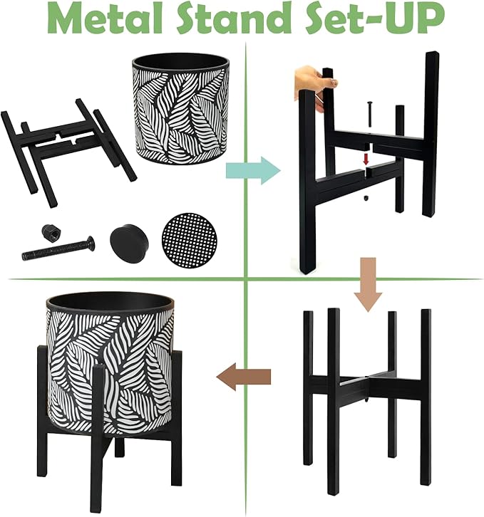 10 & 12 Inches Plant Pot with Stand Set of 2, Decorative Palm Leaves Printing Planter with Holder, Garden Pot for Snake Plant, Monstera, Houseplants - Indoor Outdoor Flower Pots with Drainage Holes