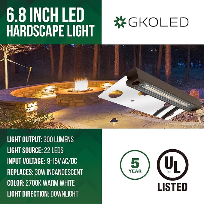 GKOLED UL Listed LED Hardscape Light, Retaining Wall Lights, 6.8 Inch Integrated 2700K LED Chips, Step Paver Wall Light, Solid Powder Coated Die-cast Aluminum Housing, 4W Low Voltage 12V AC/DC, 1 Pack