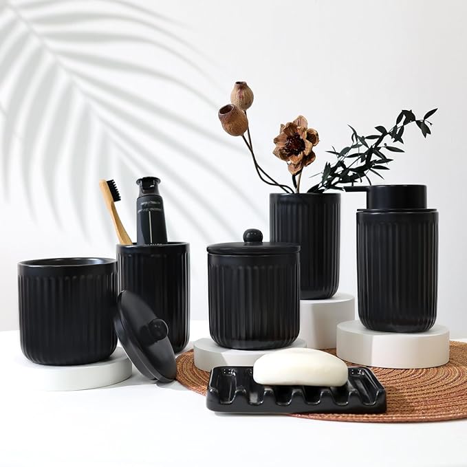 BosilunLife Black Bathroom Accessories Set - Ceramic Bathroom Counter Soap Set Bathroom Decor Sets Accessories Bathroom Lotion Soap Dispenser and Toothbrush Holder Set, Soap Dish, Apothecary Jars