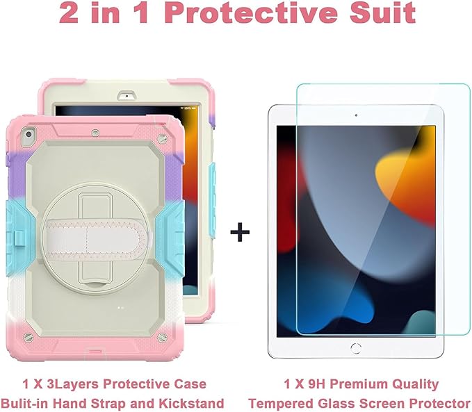 Ambison Case for iPad 9th/8th/7th Generation 10.2'' 2021/2020/2019, [Kid Proof] Full Body Protective Case with 9H Tempered Glass Screen Protector, 360° Rotatable Kickstand & Hand Strap (Light Pink)