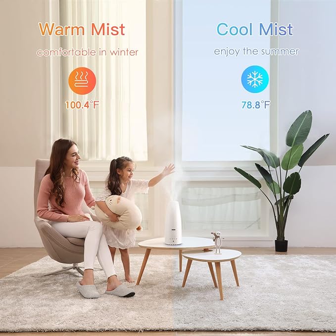 Warm and Cool Mist Humidifier for Home/Bedroom with Remote Control 2.3L Smart Air Humidifier for Desk/Office/Bedroom 25dB Whisper Quiet with Auto Shut off