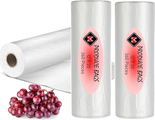 Plastic Produce Bags for Food Storage - 12"x20" Clear Grocery Bag for Fruits, Vegetables, Bread - Easy Peel-Off Design, Continuous Roll, 1.75" Core, Pack of 720 Bags [2 rolls]