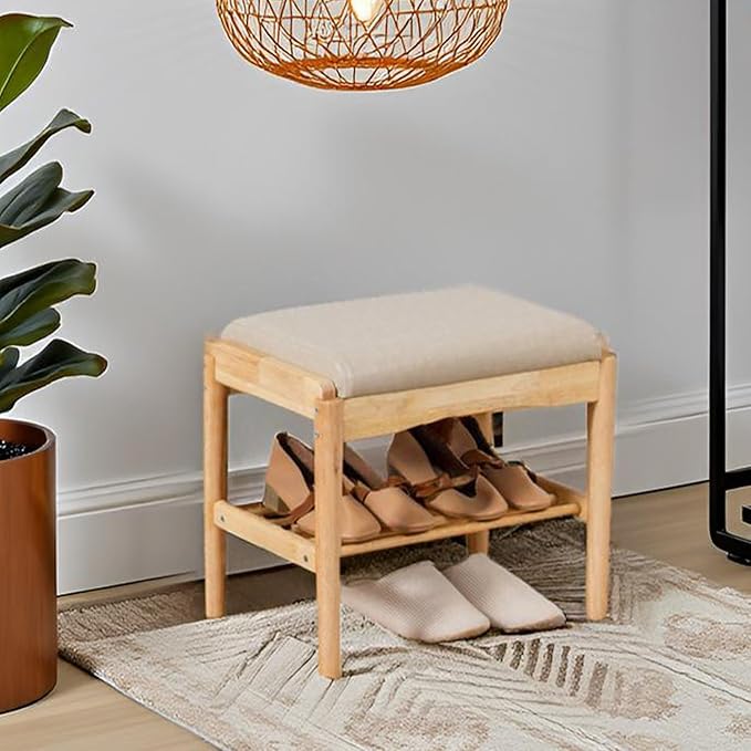 latifolia Small Shoe Bench, Solid Wood Bench with Cushion, 2 Tier Shoe Storage Organizer for Entryway(Nature,17.71''L)