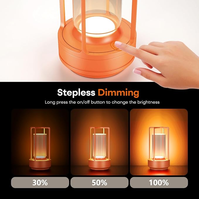 Portable Outdoor Table Lamp, Cordless Dimmable Touch Table Light, Rechargeable Battery Operated Small Lamp with 3 Colors and Brightness Control for Bedroom/Patio/Camping/Bar/Coffee Shop (Orange)