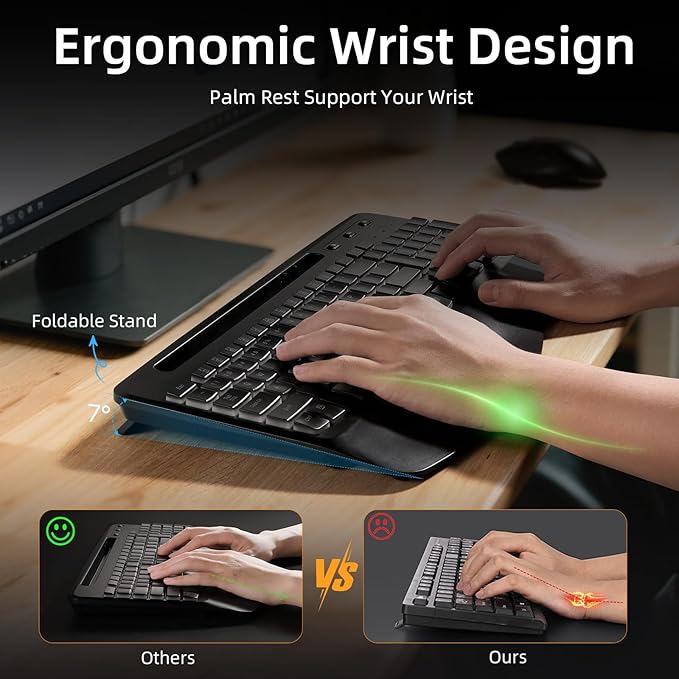 Hamile Wireless Keyboard and Mouse Combo : Ergonomic Wave Keys for Natural Typing, Full Size Keyboards with Wrist Rest, Quiet Backlit Mice,Phone Holder, 2.4G Set for Computer/Laptop/Mac/Windows, Black