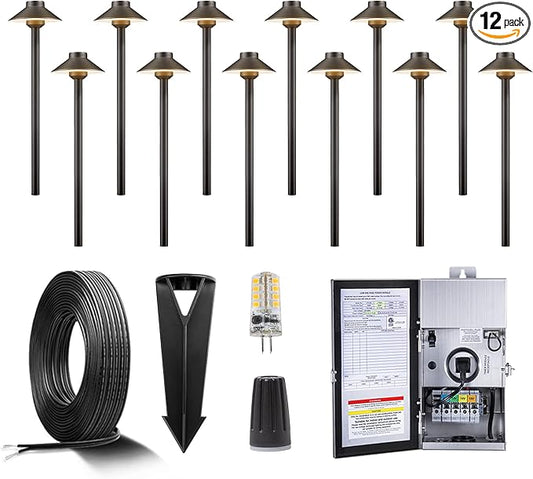 Solid Brass 12V LED Landscape Lighting Kit (12 Pack Path Lights) with 300W Low Voltage Transformer and Mechanical Timer and 250FT Wire and 50Pack Connectors for Outdoor Pathway Garden