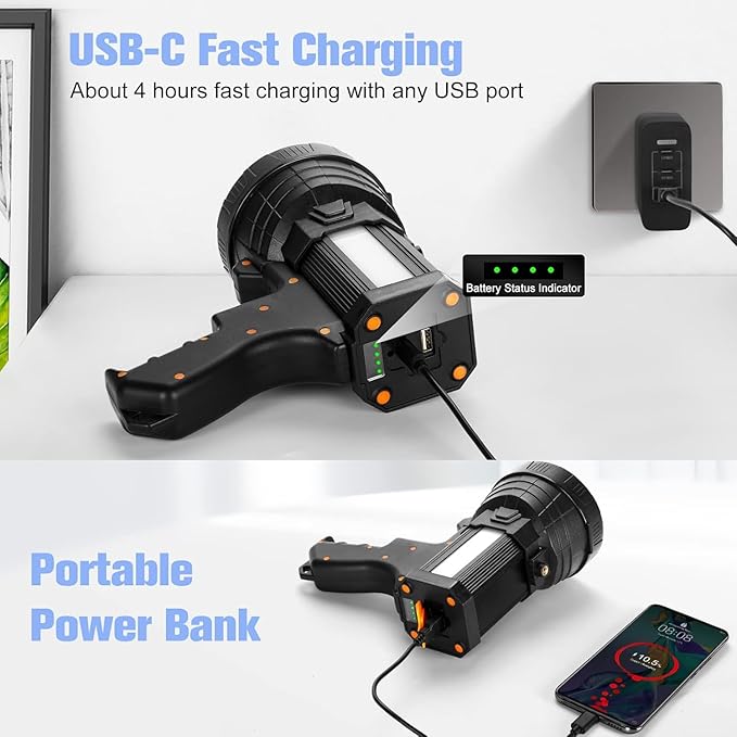 YIERBLUE Rechargeable Spotlight, Super Bright 99,000 High Lumen LED Handheld Spotlight Long Lasting Large Flashlight Searchlight and Flood Camping Flashlight with Foldable Tripod