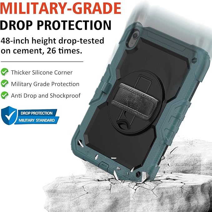 Ambison Case for iPad (A16) 11th/10th Generation 11''/10.9'' 2025/2022, [Kid Proof] Full Body Protective Case with 9H Tempered Glass Screen Protector, 360° Rotatable Kickstand & Hand Strap (Teal)