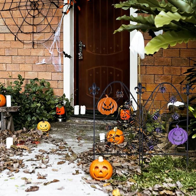 hogardeck Halloween Decorations Outdoor, Spider Web Styled Metal Fence Decorative Garden Stakes with Ghost Face Pumpkins for Halloween Decor, Spider Yard Signs for Outside Garden Lawn Porch Party