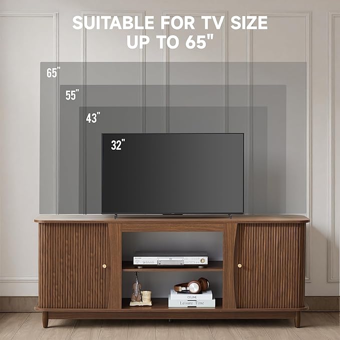 TV Stand, Fluted Media Console Table with Storage and Sliding Door, Farmhouse Entertainment Center for Living Room, Home Office (Walnut-No Fireplace)