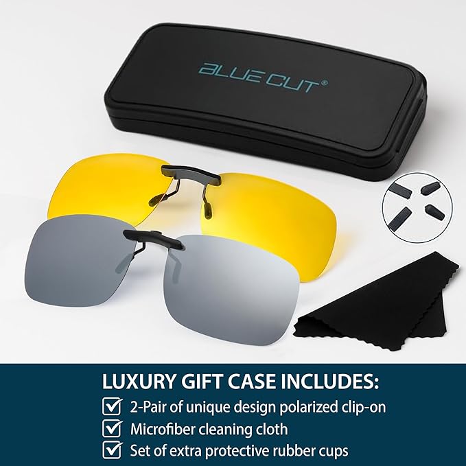 BLUE CUT Clip on Polarized Night Vision, Driving Sunglasses UV 400 Blocker To Wear Over Prescription Glasses