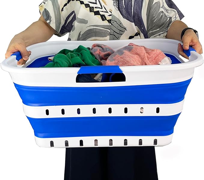 SAMMART 42L (11 gallons) Set of 2 Plastic Foldable Storage Basket/Container - Collapsible, Space Saving and Portable Laundry Hamper, Ideal for Home, Travel, Dorm (2, White/Dark Blue)