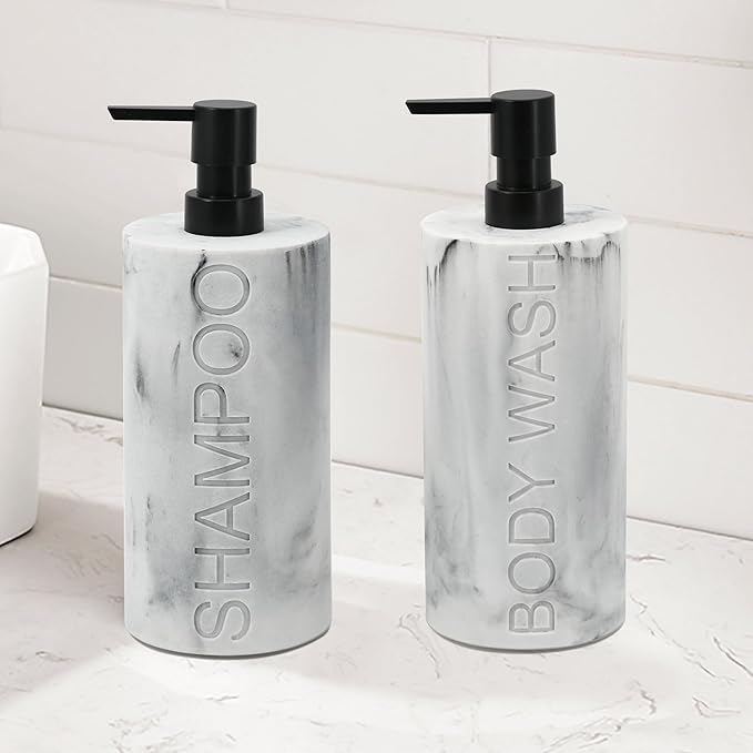 Marble Resin 2 Piece Shampoo and Body Wash Dispenser Set, Luxurious Refillable Pump Bottles with Matte Pump Top and Embossed Text, Durable Design for Bathroom and Shower
