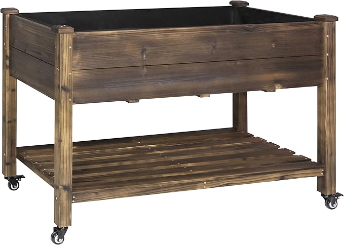 48.03x24.21x32.76in Raised Garden Bed Featuring Legs, Outdoor Elevated Wood Planted Box Equipped with Wheels & Shelf for Vegetable Flower, Backyard and Patio, Rustic