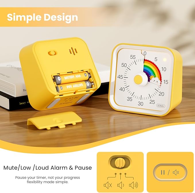 Visual Timer with Pause Function, 60 Minute Countdown, Pomodoro Timer for Kids, Productivity Timer, Time Management for Kitchen Cooking, Study, Teaching, Office Meetings (Rainbow Yellow)