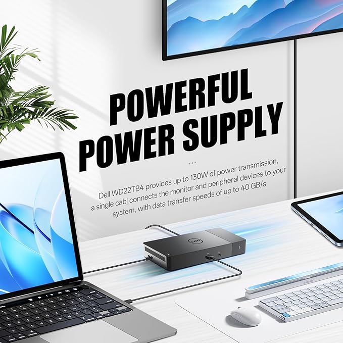 Dell WD22TB4 Docking Station, Performance Thunderbolt 4 Dock - 3 Year Warranty, with 180W Power Adapter + 130W Power Delivery + ZoomSpeed HDMI Cable + ZoomSpeed DP Cable, Supports 4K Displays - New