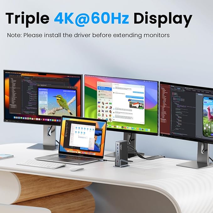 4URPC DisplayLink Docking Station Triple 4K@60Hz Monitor with 120W Power Adapter, Laptop Dock for Thunderbolt 5/4/3, USB C M1/M2/M3/M4 MacBook/Windows(Single 8K)/Chrome(3 HDMI, 2 DP, 6 USB, Ethernet)