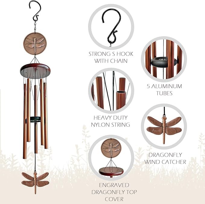 Dragonfly Wind Chimes for Outside,32 "Memorial Wind Chimes Create a Zen Atmosphere for Outdoor Dragonfly Gift for Women Mother Father Christmas Unisex,Garden Patio Yard Decor(Copper)
